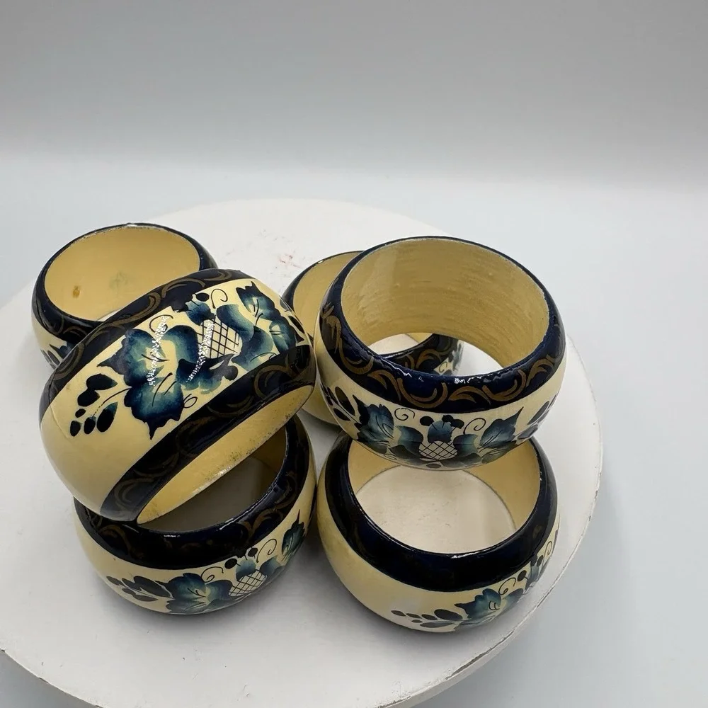 6 Hand Painted Wood Napkin Rings Vintage Blue Floral